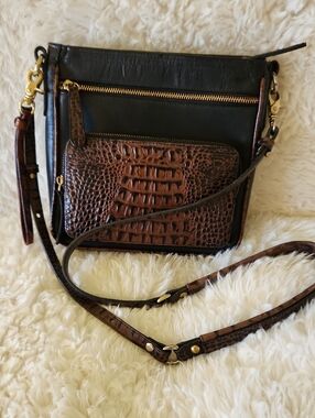 Brahmin Black with Brown Croc-Embossed Crossbody Bag